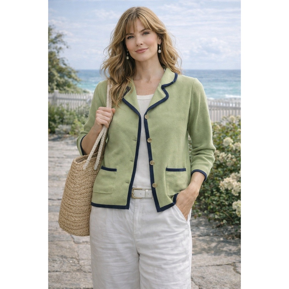 Cotton Cardigan Womens M Green Navy Trim Preppy Coastal‎ Grandma Button Up
